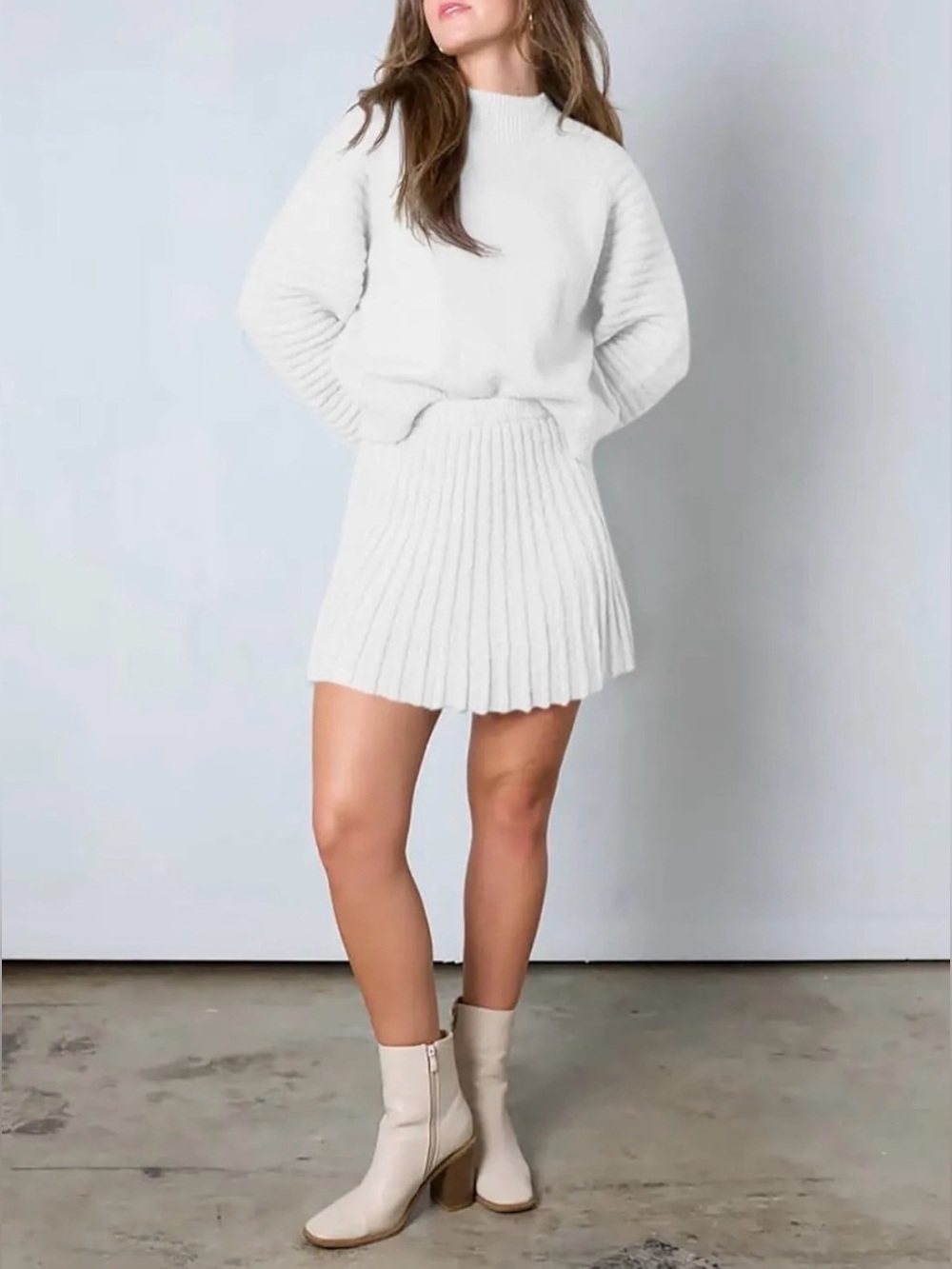 White Knit Pleated Mini Skirt Set- Women